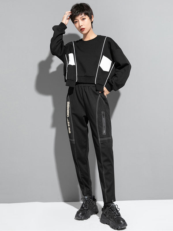 Original Creation Loose Batwing Sleeves Contrast Color Split-Joint Round-Neck Sweatshirt Tops