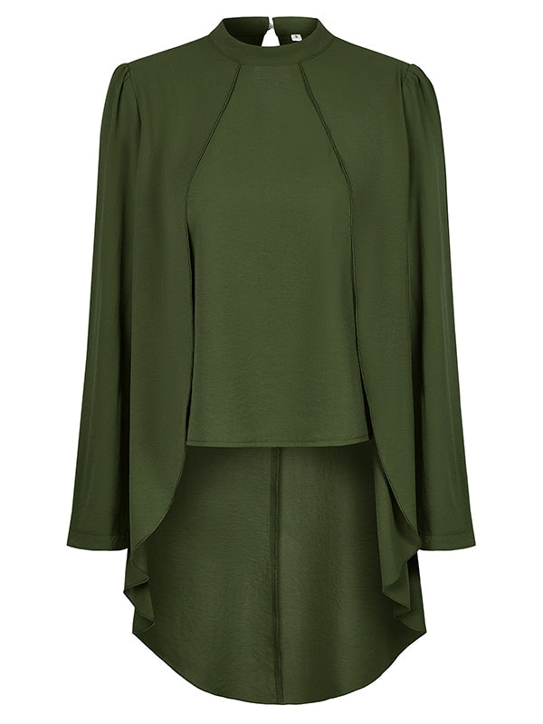 Solid Color Split-Joint False Two High-Low Mock Neck Blouses&Shirts Tops