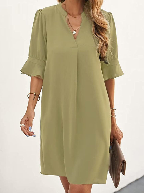 Pleated Ruffled Solid Color Split-Joint A-Line Flared Sleeves V-Neck Mini Dresses