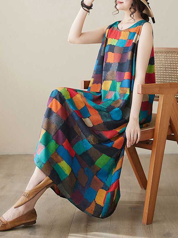 Contrast Color Multi-Colored Plaid Loose Sleeveless Round-Neck Midi Dresses