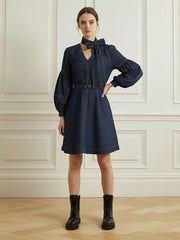 Long Sleeves Puff Sleeves Belted Bow-Embellished Solid Color V-Neck Mini Dresses