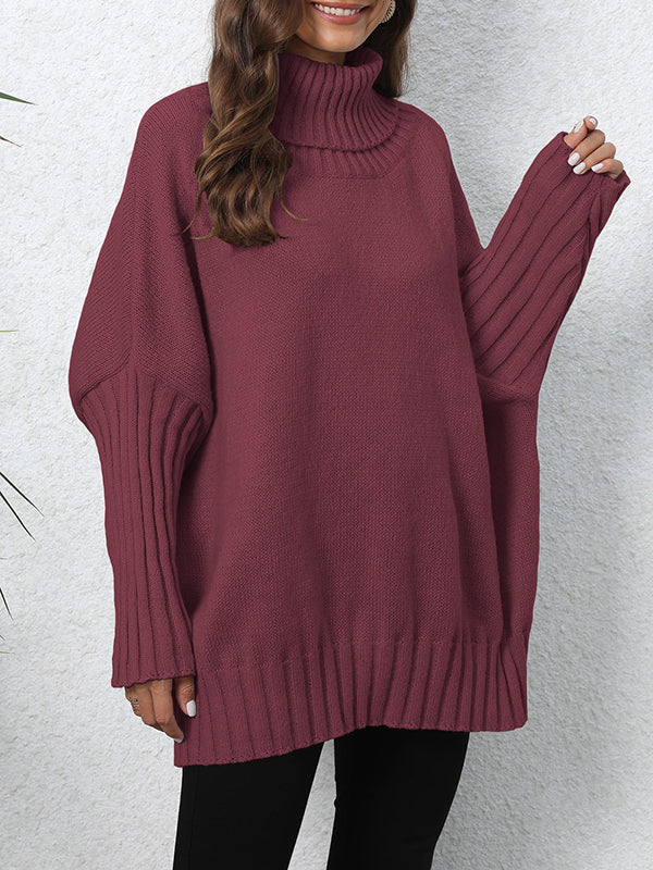 Pleated Solid Color Split-Joint Long Sleeves Loose High Neck Sweater Tops