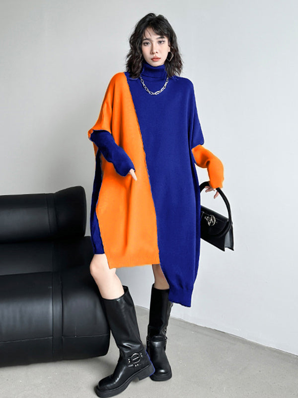 Asymmetric Contrast Color Split-Joint Batwing Sleeves Hipster High-neck Sweater Dresses Midi Dresses