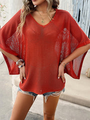 Hollow See-Through Solid Color Batwing Sleeves Half Sleeves V-Neck Sweater Tops
