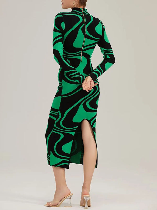 Contrast Color Printed Split-Back Split-Joint Zipper Long Sleeves Skinny High Neck Midi Dresses