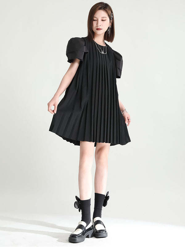 Urban Puff Sleeves Split-Joint Black Pleated Mini Dress