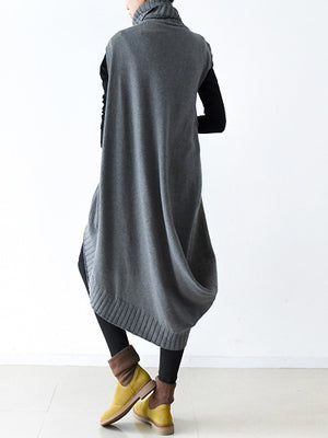 Casual Vintage Knitting High-Neck Sleeveless Dress