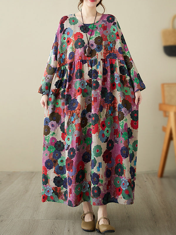 Flower Print Pockets Split-Joint Long Sleeves Loose Round-Neck Midi Dresses