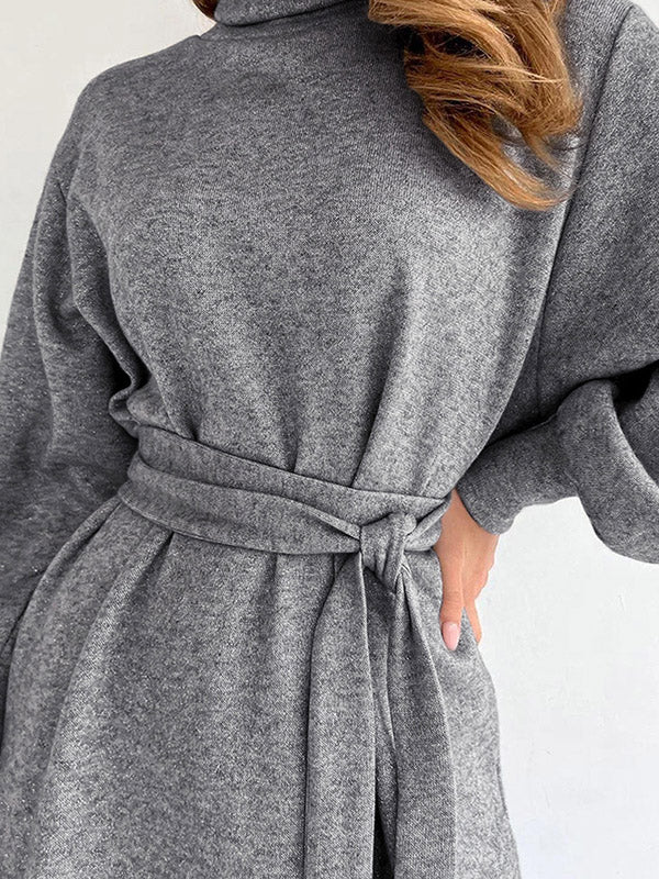 Pleated Solid Color Split-Joint Tied Waist Loose Puff Sleeves High Neck Mini Dresses