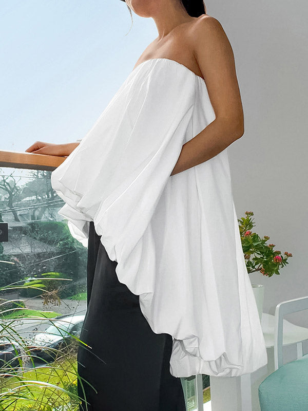 Elasticity Pleated Solid Color Split-Joint High-Low Sleeveless Tube Blouses&Shirts Tops