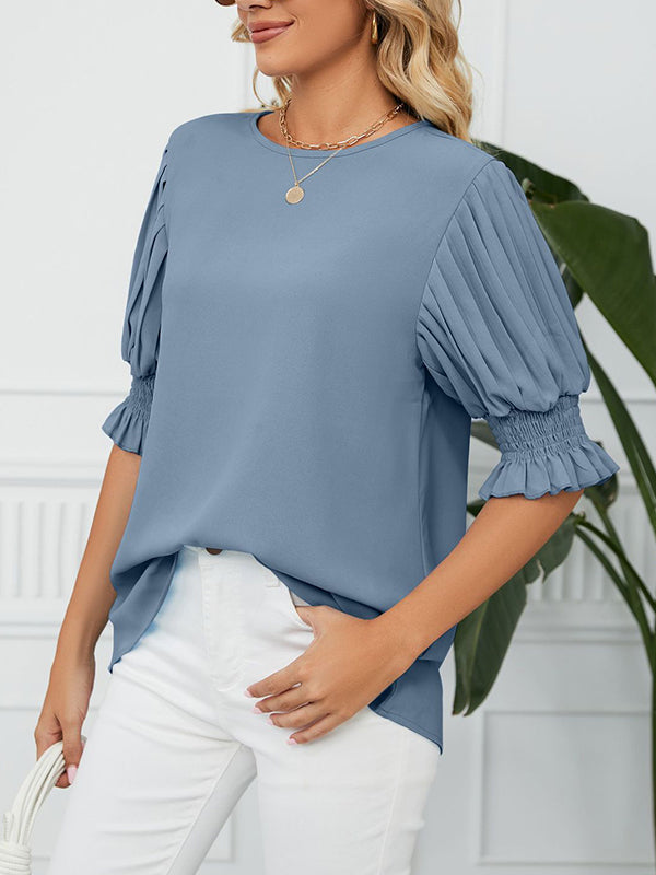 Pleated Solid Color Loose Puff Sleeves Round-Neck T-Shirts Tops
