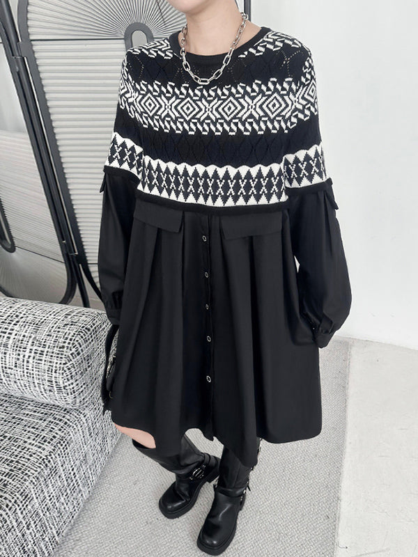 Buttoned Contrast Color Split-Joint A-Line Long Sleeves Round-Neck Mini Dresses