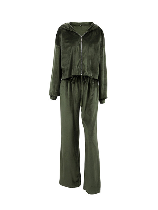 Hooded Velvet Zipper Long Sleeves Solid Color Sweatshirt Top + Drawstring Elasticity Pockets Pants Bottom Two Pieces Set