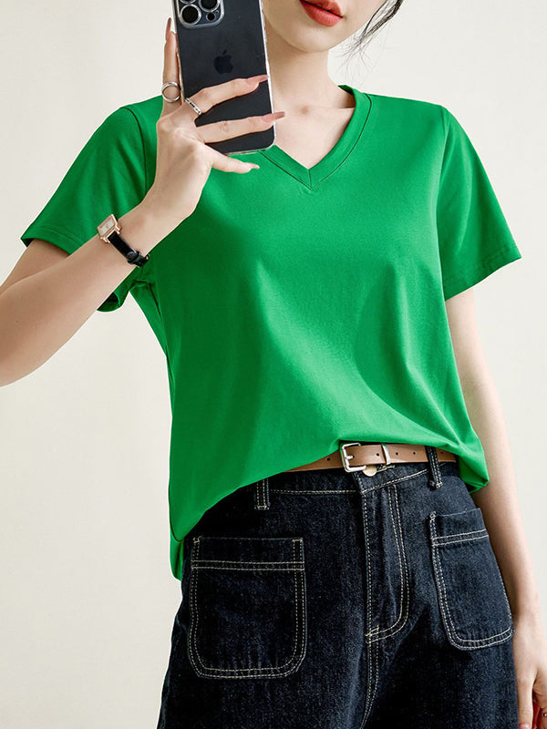 Solid Color Loose Short Sleeves V-Neck T-Shirts Tops