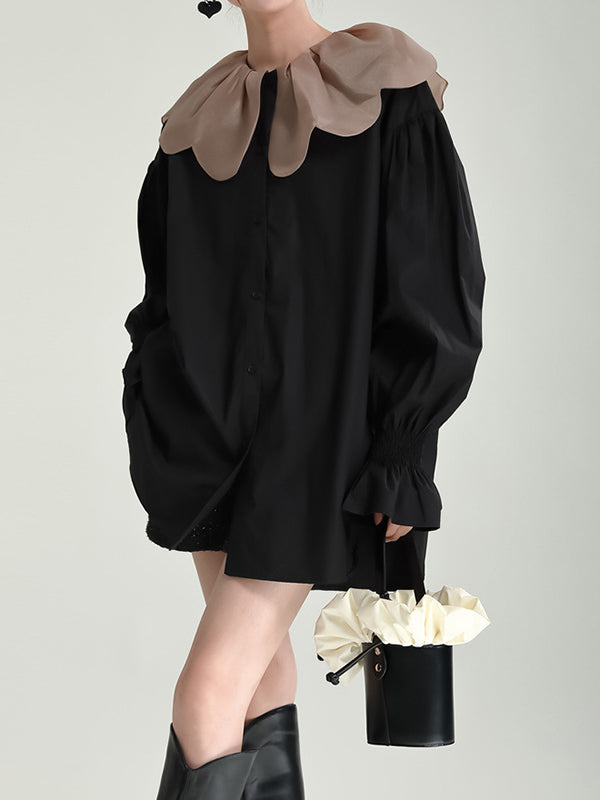 Contrast Color Elasticity Pleated Split-Joint Long Sleeves Loose Peter Pan Collar Blouses