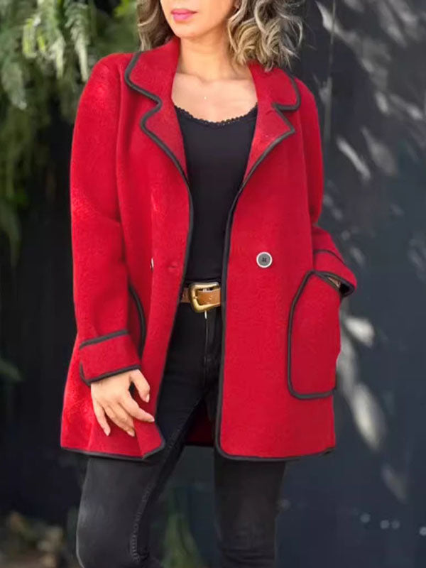 Buttoned Pockets Split-Joint Long Sleeves Loose Notched Collar Woolen Coat