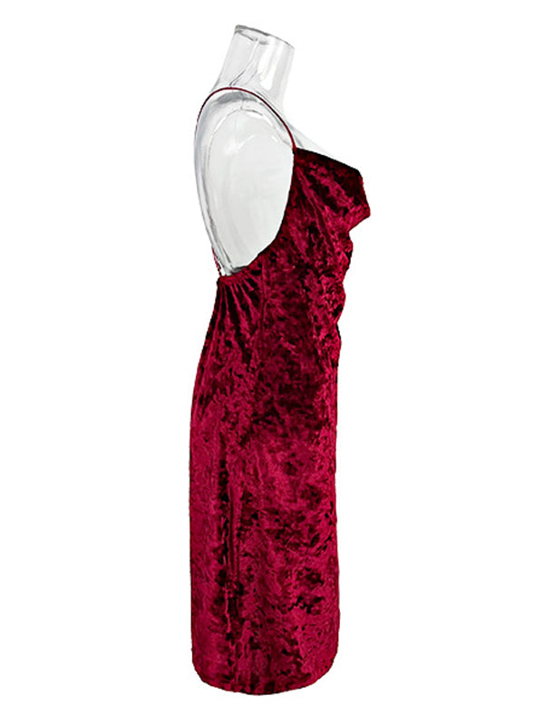 Backless Solid Color Velvet Sleeveless Spaghetti-Neck Intimates&Pajamas