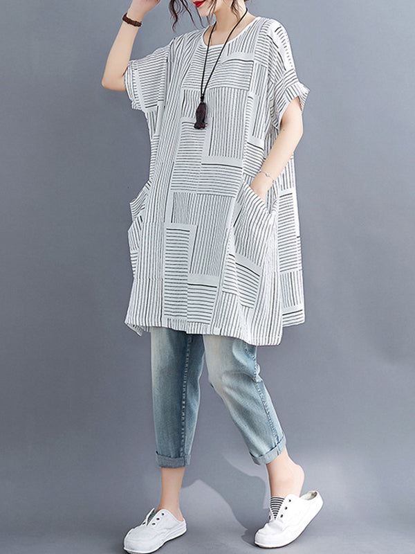 Plaid Striped Loose Short Sleeves Round-Neck T-Shirts Tops