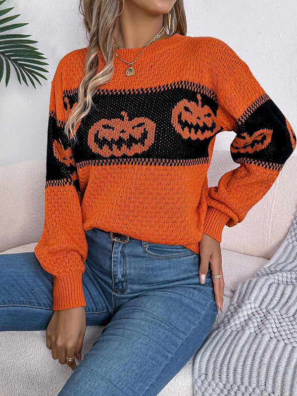 Contrast Color Split-Joint Long Sleeves Loose Round-Neck Sweater Tops Pullovers