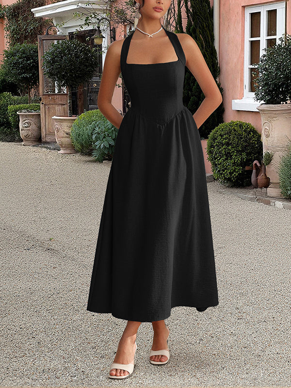 Backless Pleated Solid Color Zipper A-Line High Waisted Halter-Neck Midi Dresses