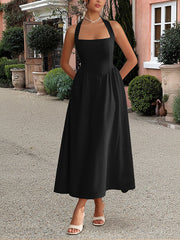 Backless Pleated Solid Color Zipper A-Line High Waisted Halter-Neck Midi Dresses
