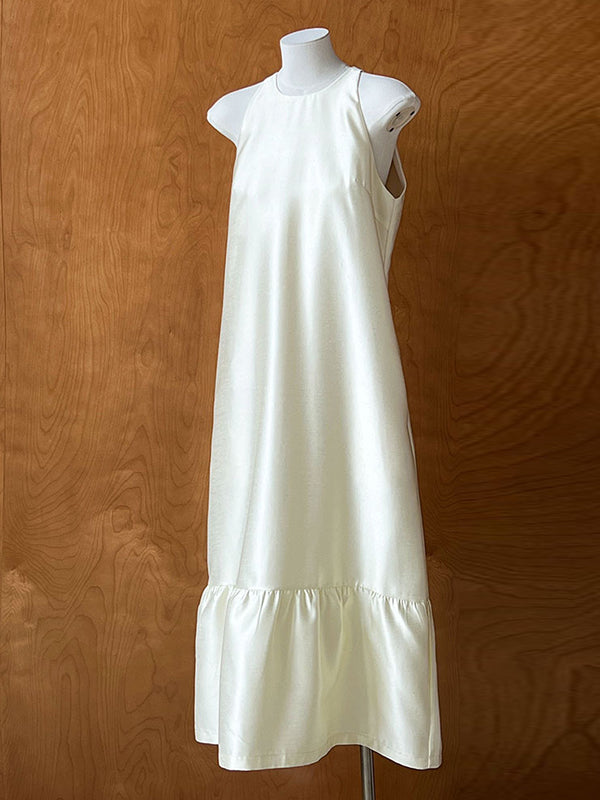 Pleated Solid Color Split-Joint Loose Sleeveless Round-Neck Maxi Dresses