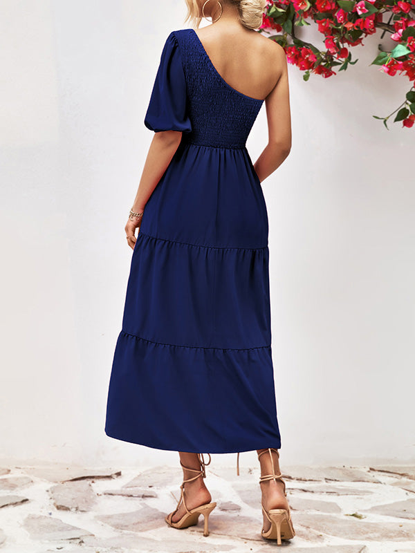 Solid Color Loose Puff Sleeves One-Shoulder Midi Dresses