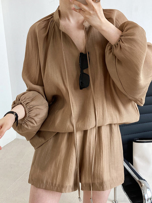 Casual Loose Solid Color Puff Sleeves Blouse&Wide Leg Shorts Two Pieces Set
