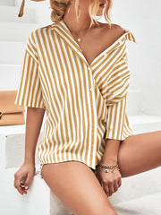 Buttoned Striped Half Sleeves Loose Notched Collar Blouses&Shirts Tops