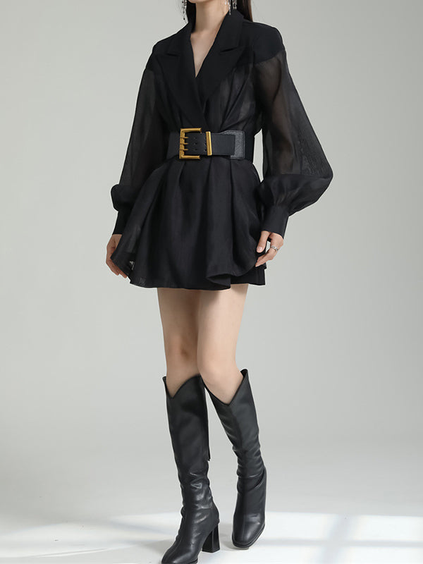 See-Through Split-Joint Tied Waist Loose Puff Sleeves Lapel Blouses&Shirts Tops