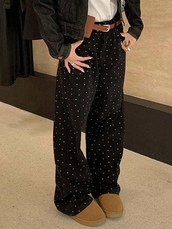Polka-Dot Printed Split-Joint High Waisted Loose Trousers Pants