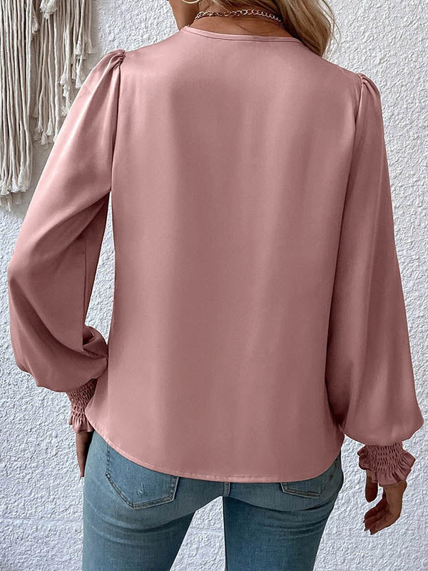 Elasticity Solid Color Long Sleeves Loose V-Neck Blouses&Shirts Tops