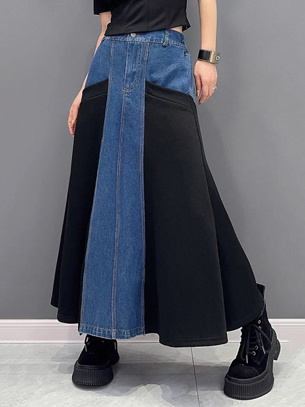 Buttoned Contrast Color Split-Joint A-Line Loose Denim Skirts Bottoms