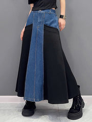 Buttoned Contrast Color Split-Joint A-Line Loose Denim Skirts Bottoms