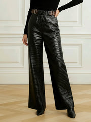 Loose Wide Leg Crocodile Texture Leather Loop Pants