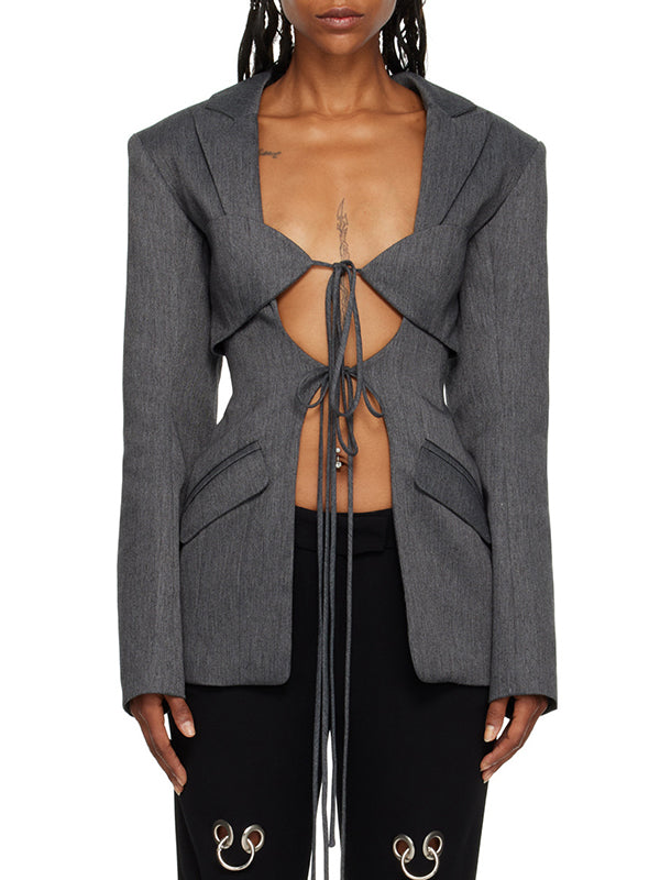 Pockets Solid Color Tied Long Sleeves Loose Notched Collar Outerwear Blazer