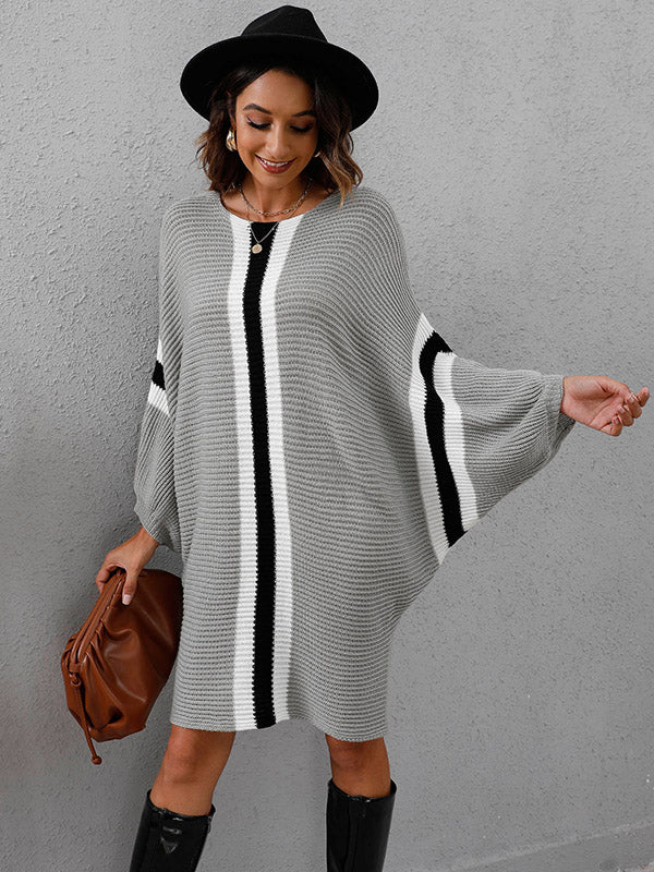 Original Loose 4 Colors Striped Round-Neck Batwing Long Sleeves Sweater Dress