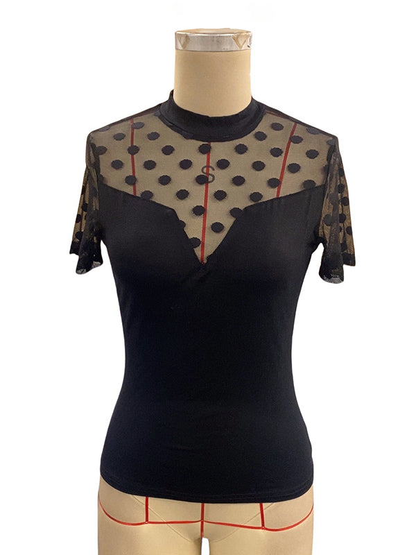 Mesh Polka-Dot See-Through Split-Joint Loose Short Sleeves Round-Neck T-Shirts Tops