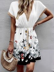 Butterfly Print Elasticity Hollow Split-Joint Tasseled Tied Waist A-line Loose V-neck Mini Dresses