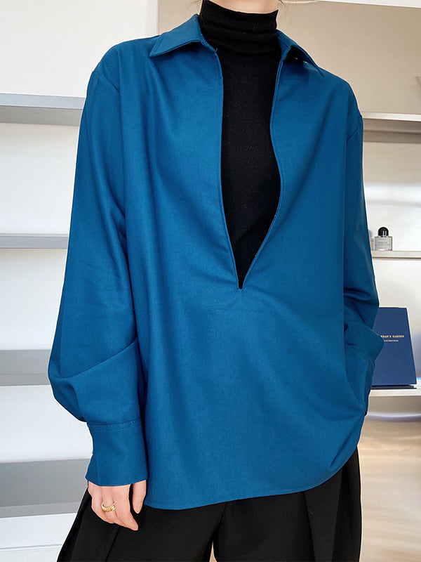Solid Color Long Sleeves Loose Lapel Blouses