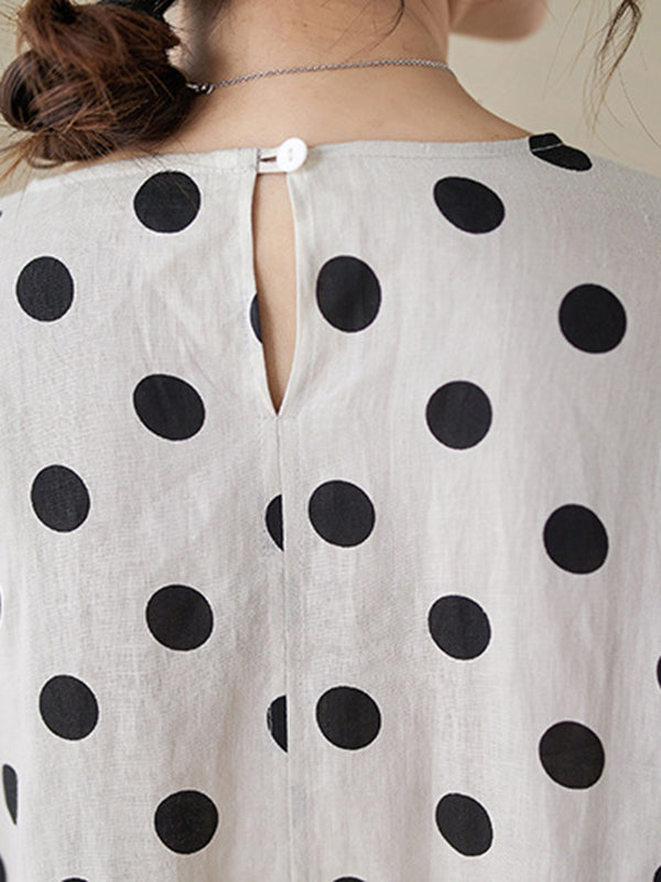 Polka Dot Split-Joint Half Sleeves Loose Midi Dresses