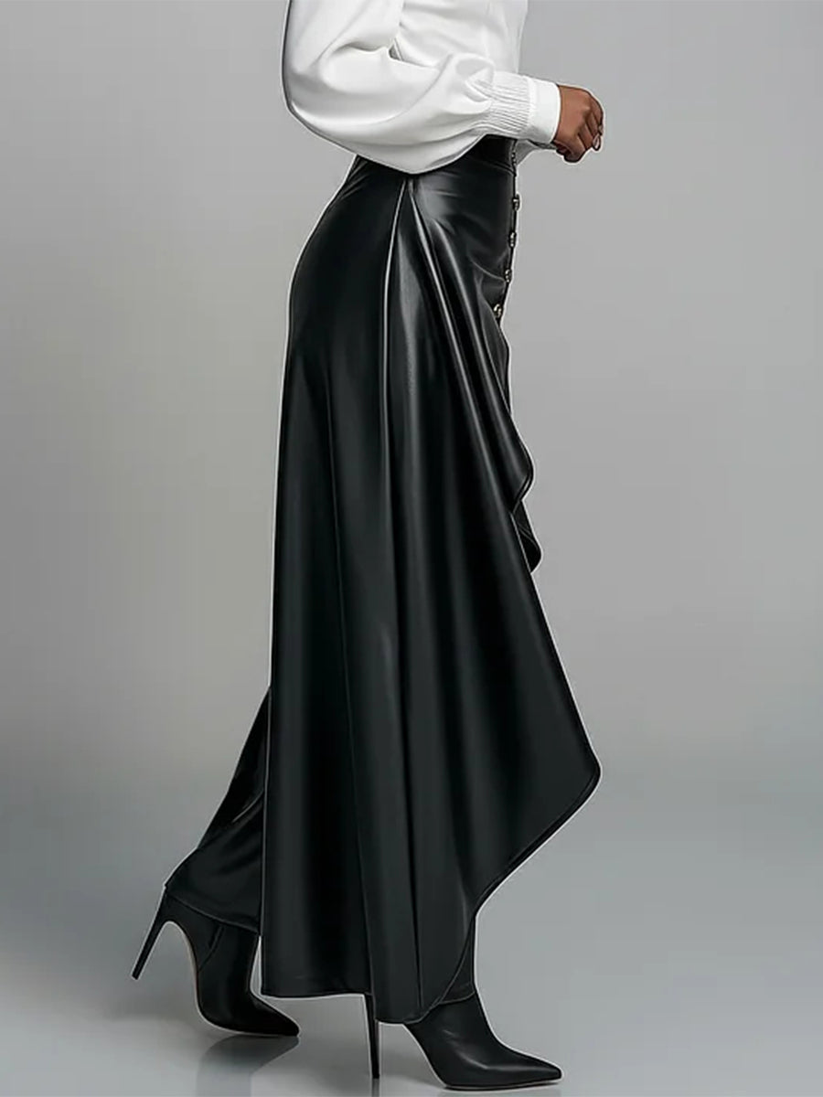 Buttoned Pleated Solid Color Split-Joint Zipper High Waisted Wide Leg Trousers Pants