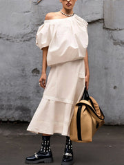 Solid Color Half Sleeves Loose One-Shoulder BlousesTops&Skirts Bottoms Two Pieces Set