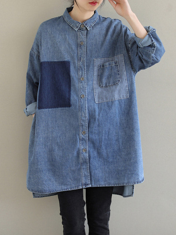 Asymmetric Buttoned Pockets Split-Joint High-Low Long Sleeves Lapel Blouses&Shirts Tops