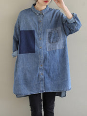 Asymmetric Buttoned Pockets Split-Joint High-Low Long Sleeves Lapel Blouses&Shirts Tops