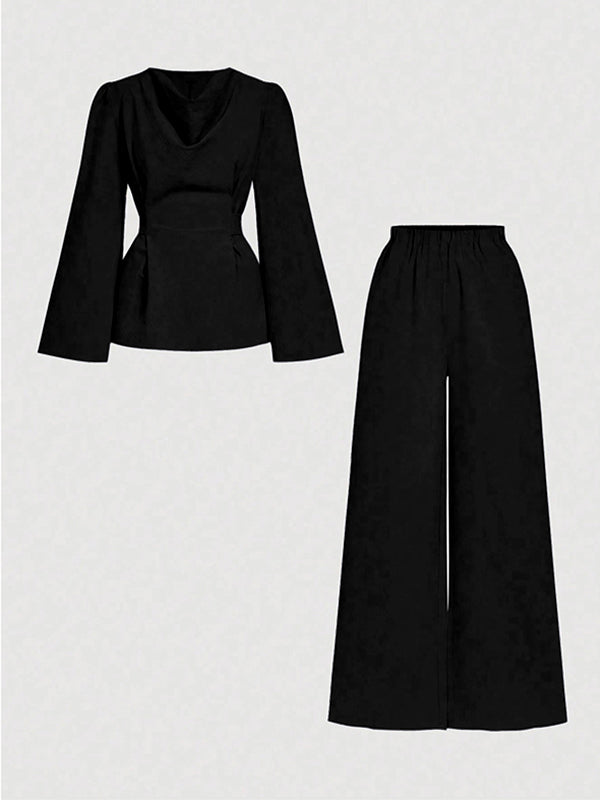 Long Sleeves Solid Color Split-Joint Tied Waist V-Neck Blouses&Shirts Tops