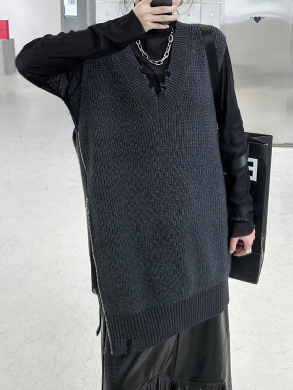 Asymmetric Split-Side Zipper Loose Sleeveless V-Neck Vest Outerwear