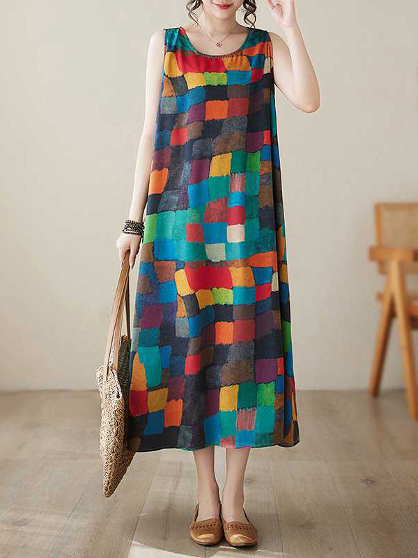 Contrast Color Multi-Colored Plaid Loose Sleeveless Round-Neck Midi Dresses