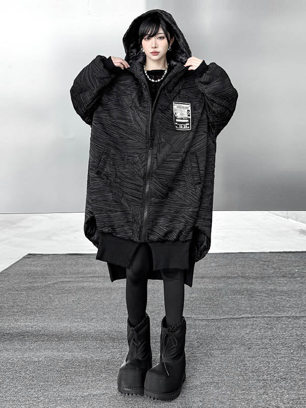 Abstract Printed Contrast Color Split-Joint Zipper High-Low Irregularity Hooded Overcoat Outerwear
