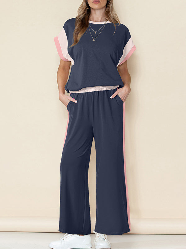 Contrast Color Split-Joint Loose Raglan Sleeve Round-Neck T-shirt Top + Elasticity Pockets Pants Bottom Two Pieces Set